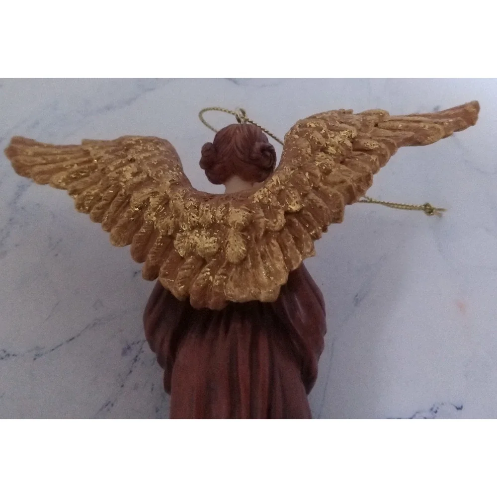 Christmas Tree ornament angel holding Dove with red dress blonde hair Gold Wings